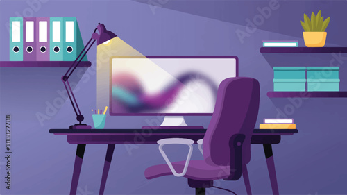 Desk setup with computer lamp and binders chair