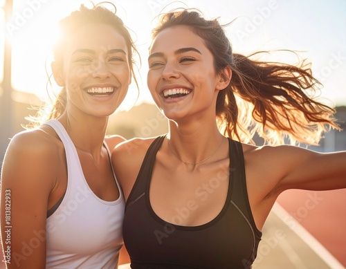 Lachende Freundinnen in Sportkleidung
