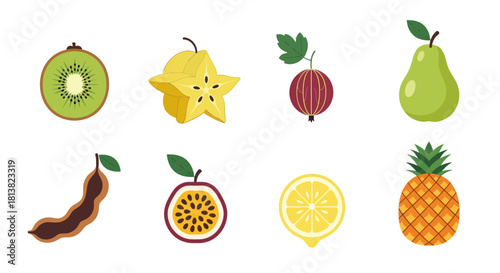 Assortment of fresh fruits kiwi starfruit gooseberry pear and more