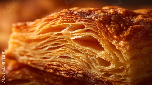 Close-up of flaky puff pastry layers