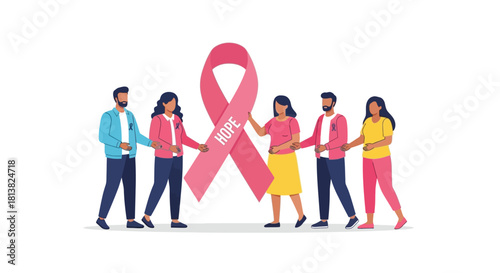 United for hope, diverse group stands together supporting breast cancer awareness with pink ribbons and optimistic spirit, promoting health and unity.