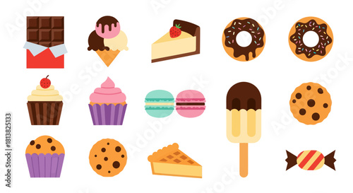 Assortment of sweet treats chocolate ice cream cake donuts and more