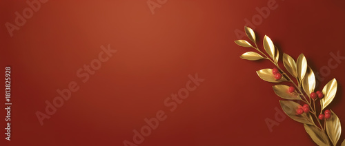 Pungitopo con foglie dorate e bacche rosse su sfondo tinta unita rosso, abbinato