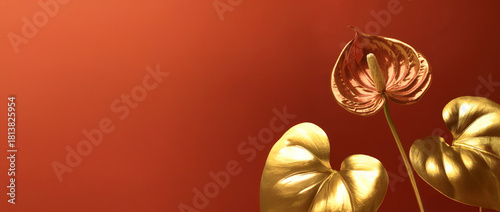 Anthurium con foglie dorate e fiore rosso su sfondo tinta unita rosso, abbinato