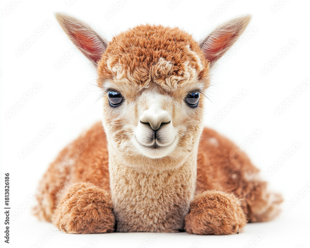 Obraz premium Hyperrealistic Front View Portrait of Adorable Alpaca Isolated on White Background with Detailed Fur and Expressive Eyes