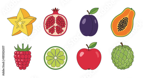 Assortment of vibrant cartoon fruit illustrations on white background