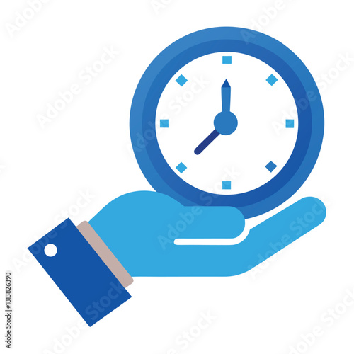 Hand Holding Clock Icon, Time Management and Productivity Symbol in Flat Design on White Background
