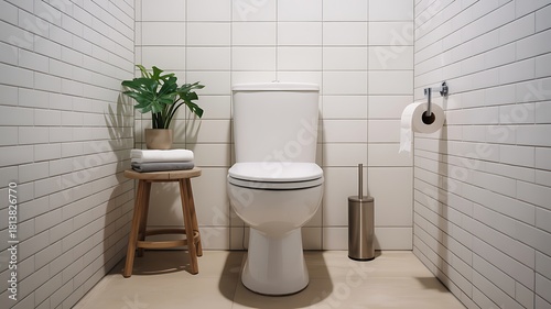 Modern minimalist bathroom interior with toilet stool towels and plant