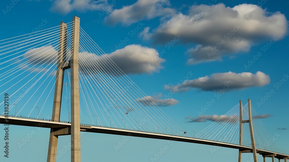 Obraz premium Modern suspension bridge structure against bright blue sky with white clouds