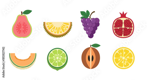 Assortment of vibrant fresh fruit slices arranged against a white background
