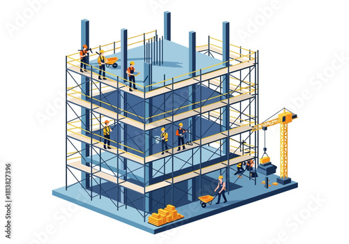 Isometric Construction Site with Workers and Crane Illustration