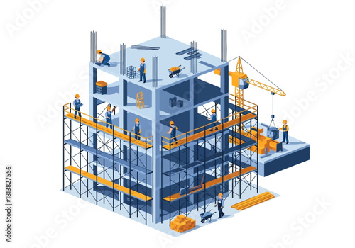 Isometric Construction Site with Workers and Crane Illustration