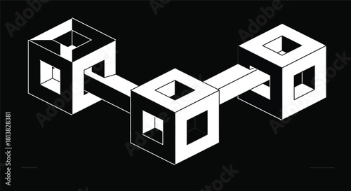 Abstract isometric illustration of three connected hollow cubes forming an impossible or paradoxical structure, rendered in white lines on a dark gray background, representing connection, complexity, 
