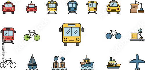 Transportation, vehicle icon set. Vector glyph pictograms of travel, logistics, public transit concepts, car, train, bus, bicycle, boat, and airplane black silhouette illustration