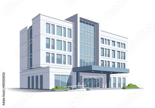 Modern Hospital Building with Glass Windows and Entrance Canopy