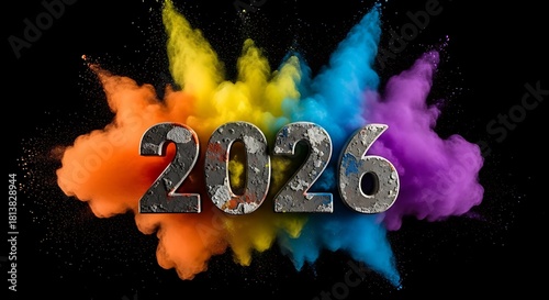 2026 year celebration with vibrant exploding colors on black background