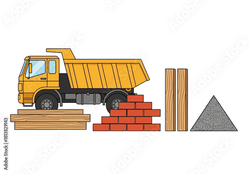 Cartoon Yellow Dump Truck with Building Materials Illustration