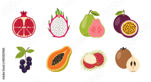 Assortment of vibrant fresh tropical fruits cut open on white background
