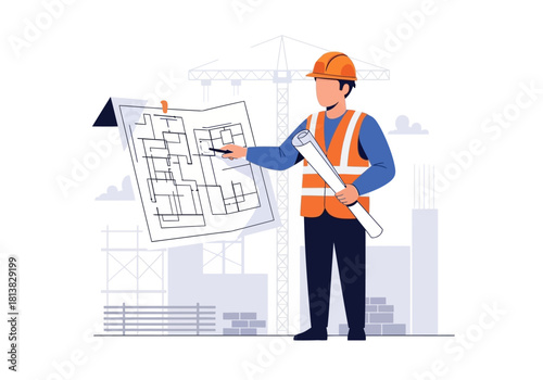 Construction Worker Reviewing Blueprint at Construction Site with Crane
