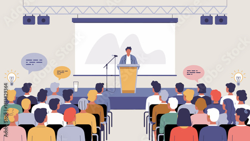 A man giving a presentation to an audience, vector illustration for public speaking, conference, seminar, and training