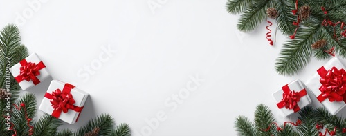 White Background with Christmas Gift Boxes and Pine Branches for Holiday Design Projects