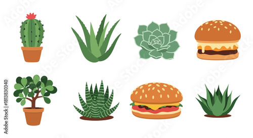 Assortment of vibrant plants and appetizing burgers in isolated illustration