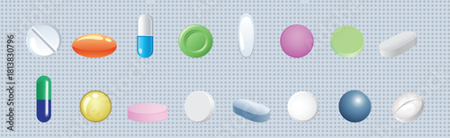 Collection of various capsules and vitamin tablets, showcasing various shapes, vector illustration.