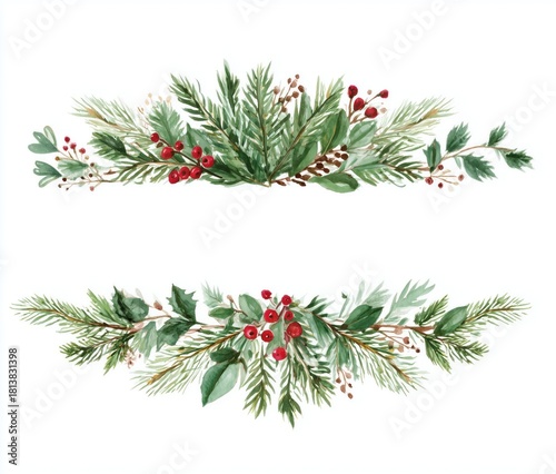 Christmas Watercolor Greenery Border with Holly Berries and Pine Needles