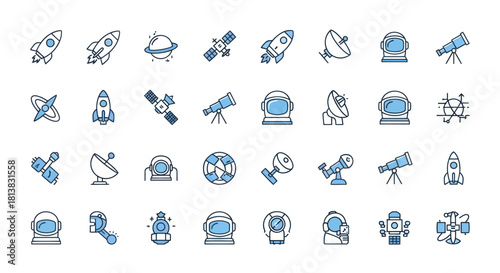 Astronauts spacecraft satellites and telescopes icons set vector illustration