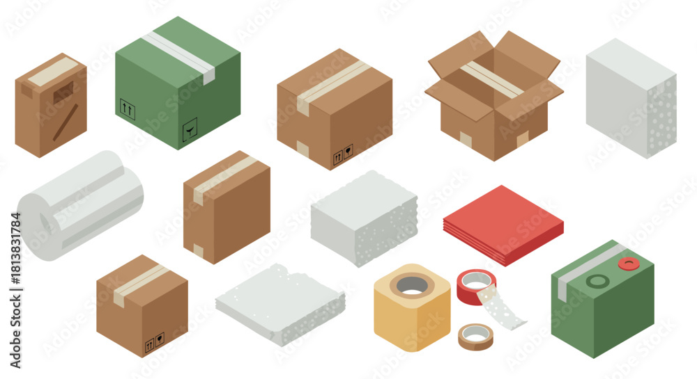 Fototapeta premium Isometric packaging set with boxes, bubble wrap, and tapes for shipping