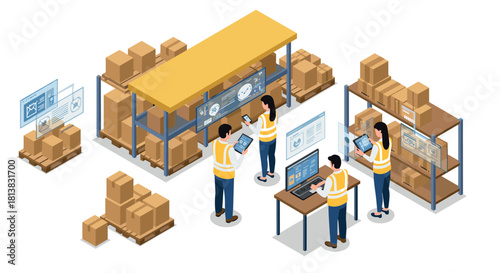 Warehouse team using digital tablets for efficient inventory management in modern isometric design