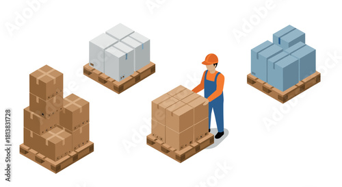 Isometric warehouse worker managing cargo pallets and boxes