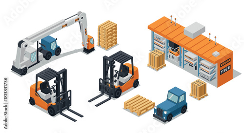 Isometric warehouse logistics: forklifts, cranes, and transport vehicles