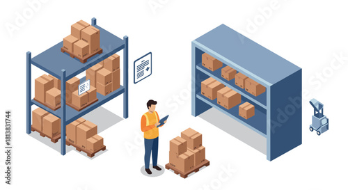 Warehouse logistics with worker using tablet and robot for inventory management