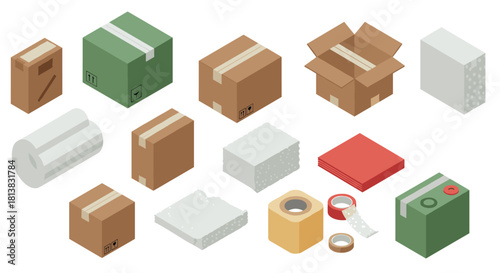 Isometric packaging set with boxes, bubble wrap, and tapes for shipping