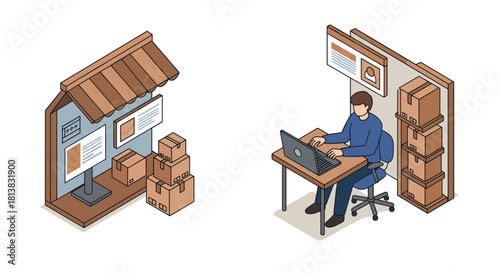 Isometric e-commerce business concept with online store and home office workspace