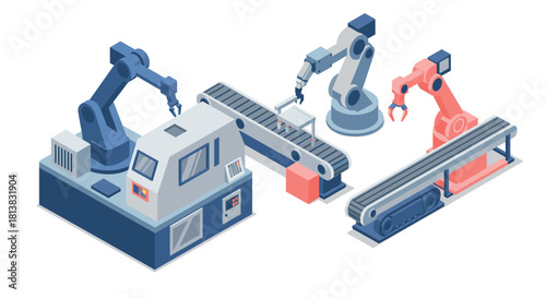 Isometric robotics in industrial automation with conveyor belts and mechanical arms