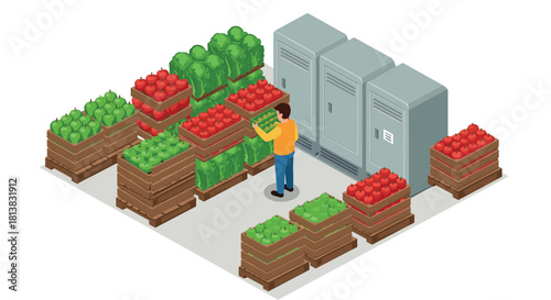 Man organizing produce in grocery storage room with vegetables and refrigerators