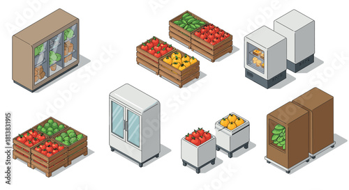 Isometric refrigerated display cases and produce baskets for modern retail stores