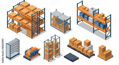 Isometric warehouse storage solutions: shelving, racks, and boxes