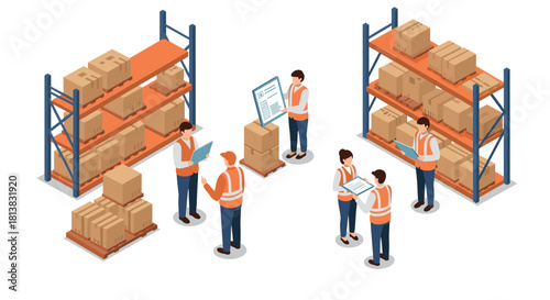 Isometric warehouse team management with shelves and cargo boxes