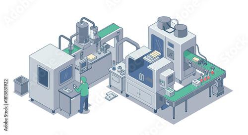 Modern isometric factory automation setup with worker operating machinery