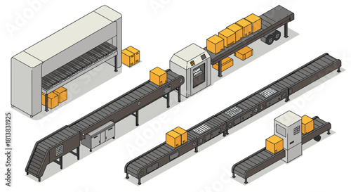 Isometric conveyor belt system with cardboard boxes and automated workflow elements