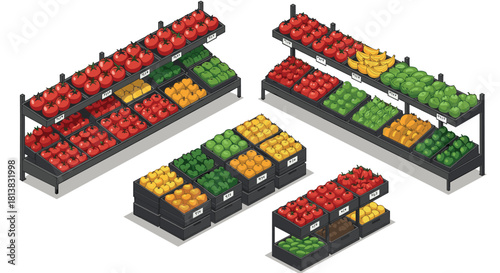 Isometric grocery store produce aisle display with fresh vegetables and fruits