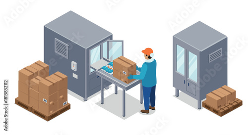 Isometric warehouse automation with worker and packaging machine