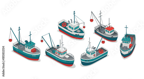 Isometric fishing boats collection: different angles and designs of trawlers for nautical projects