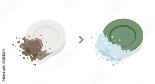Before and after cleaning concept with dirty and clean plates in minimal style