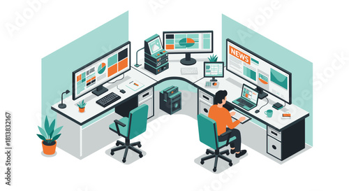 Modern isometric office workspace with computers and screens