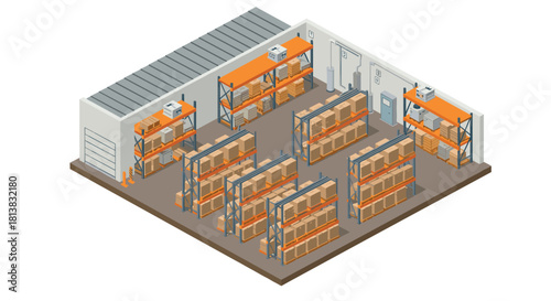 Isometric warehouse interior with shelves and boxes for storage management