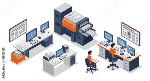 Modern isometric printing office with computers and printers in effectively organized workspace